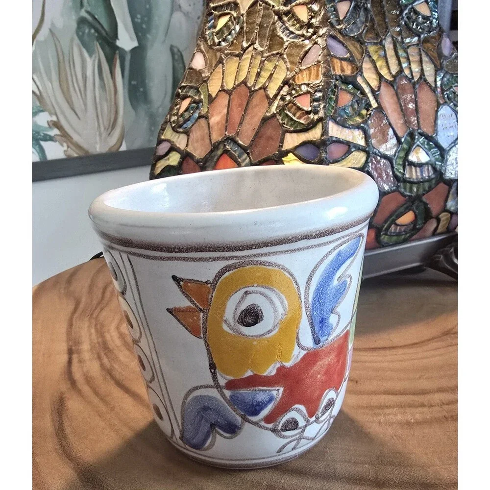 MCM Giovanni DeSimone Italy Art Pottery Planter Pot - Hand Painted Bird Flower